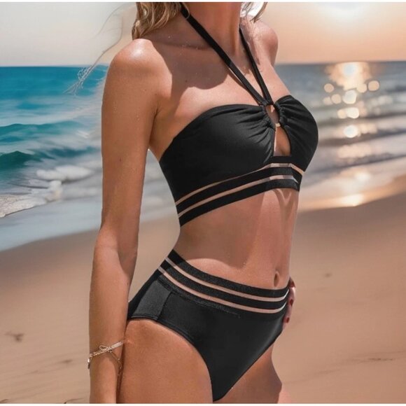 Cupshe Women 2PC Black Bikini Swimsuit L Halter Neck O Ring Cutout High Waist - Picture 2 of 8